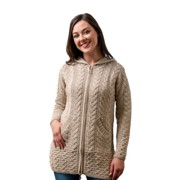Aran Crafts Ireland Pure Merino Wool Cable Knit Full Zip Jacket Parsnip L Women